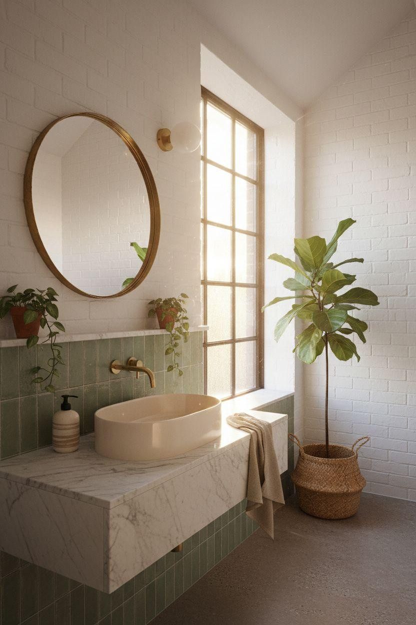 Modern small powder room with white oak vanity and sage green tiles