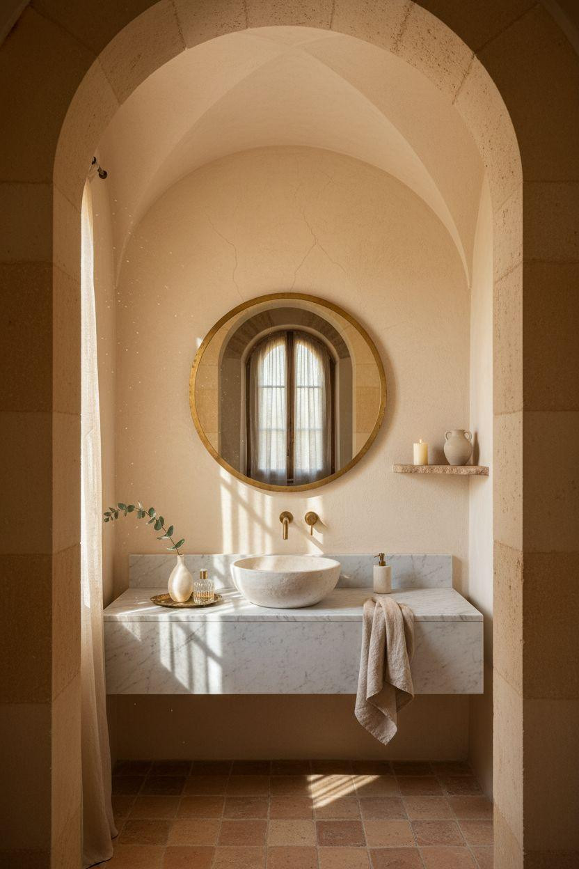 Small powder room with arched doorway and European villa style
