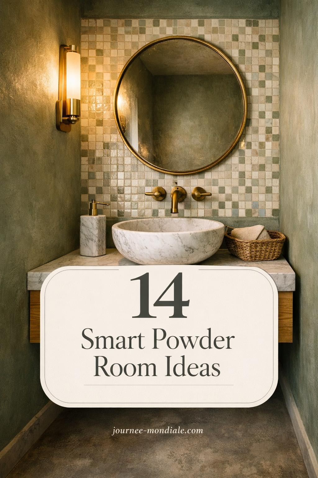 Elegant small powder room featuring sage green textured walls, floating white oak vanity, Carrara marble vessel sink, brass mirror and sconce, zellige tile accent