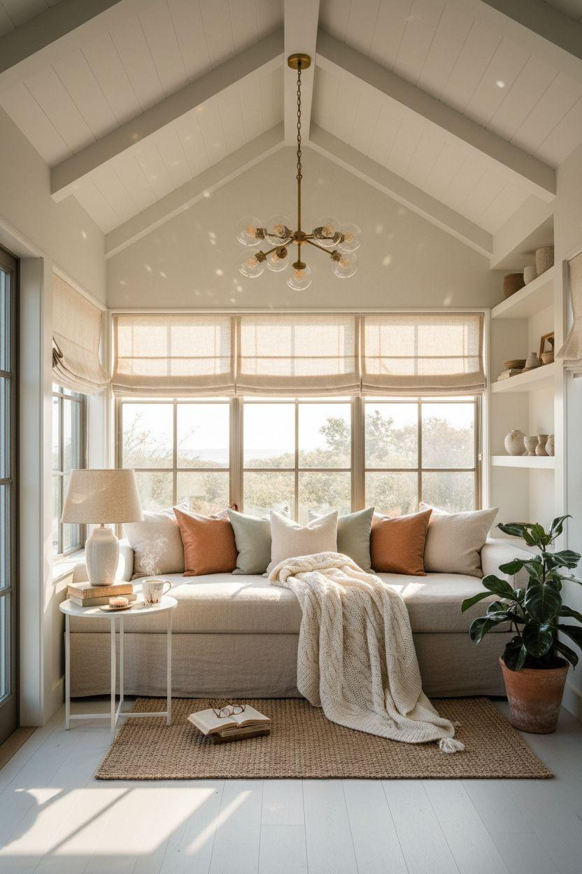 Small sunroom ideas with cozy daybed and chandelier