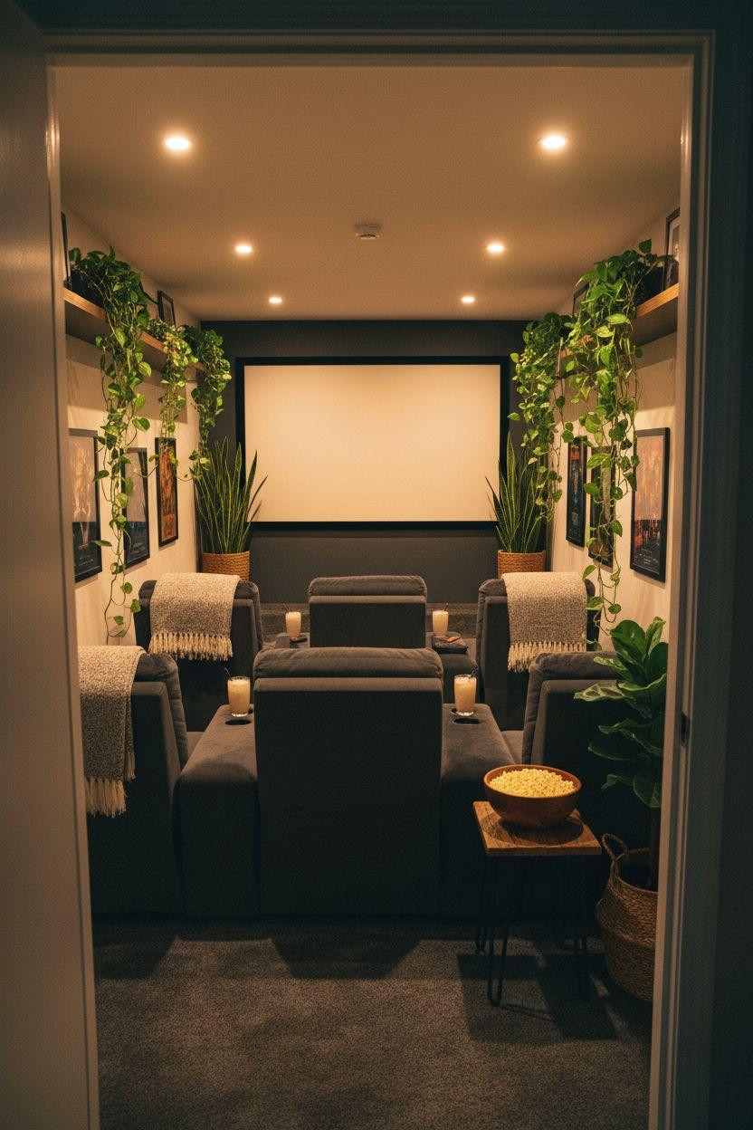 Small theatre room ideas featuring lush plants and magical lighting
