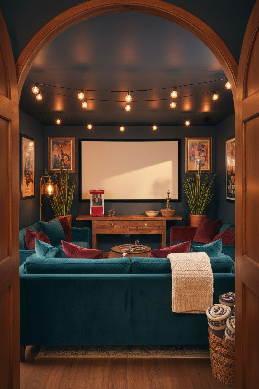 Small theatre room ideas showcasing rich teal and burgundy accents