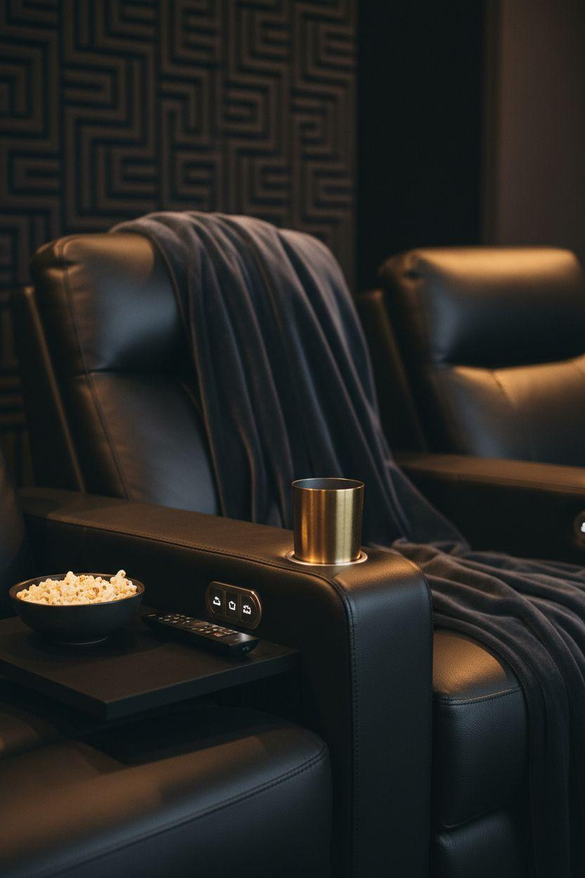 Small theatre room ideas showcasing minimalist black leather recliners