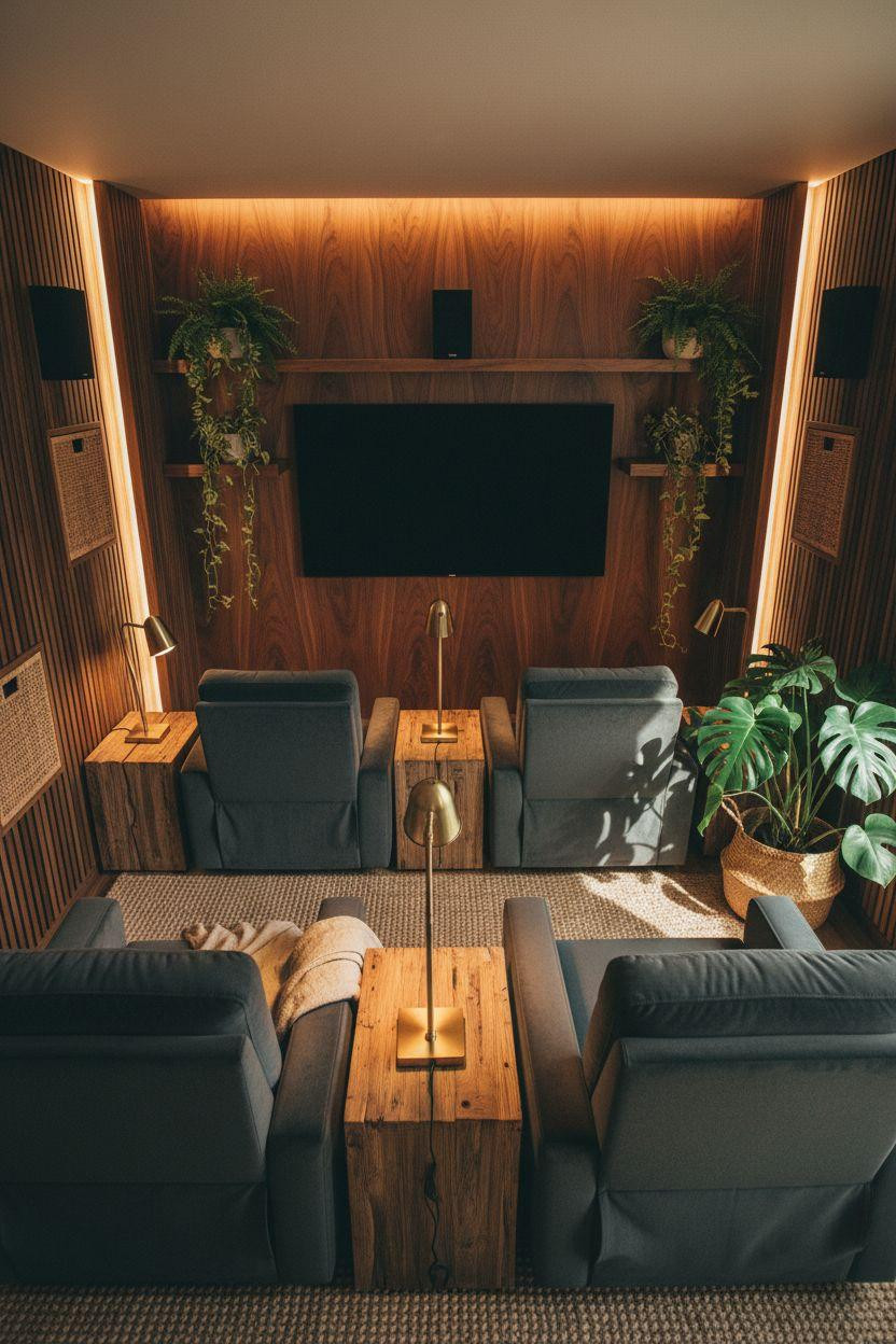 Small theatre room ideas combining natural wood and greenery