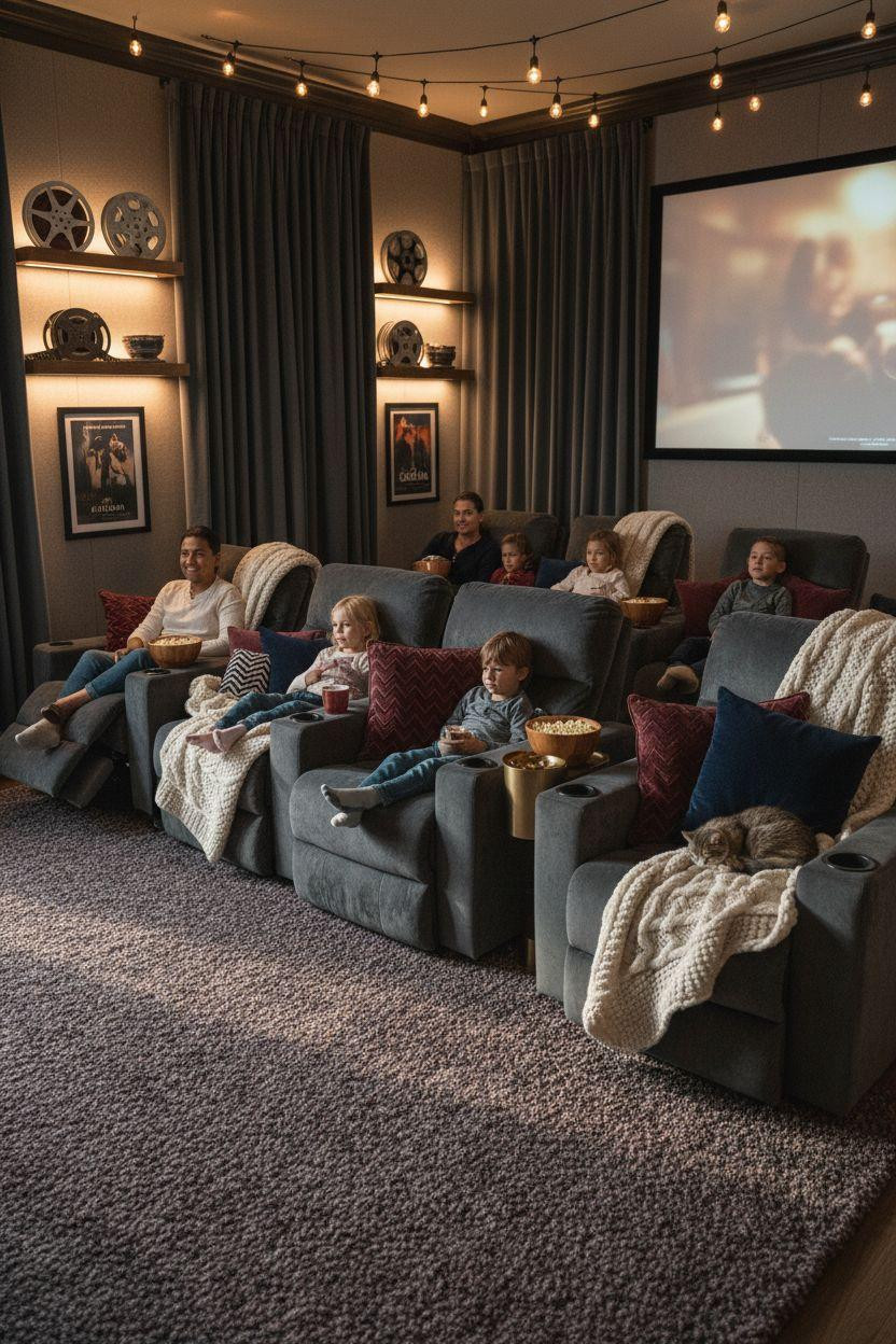 Small theatre room ideas featuring cozy charcoal recliners