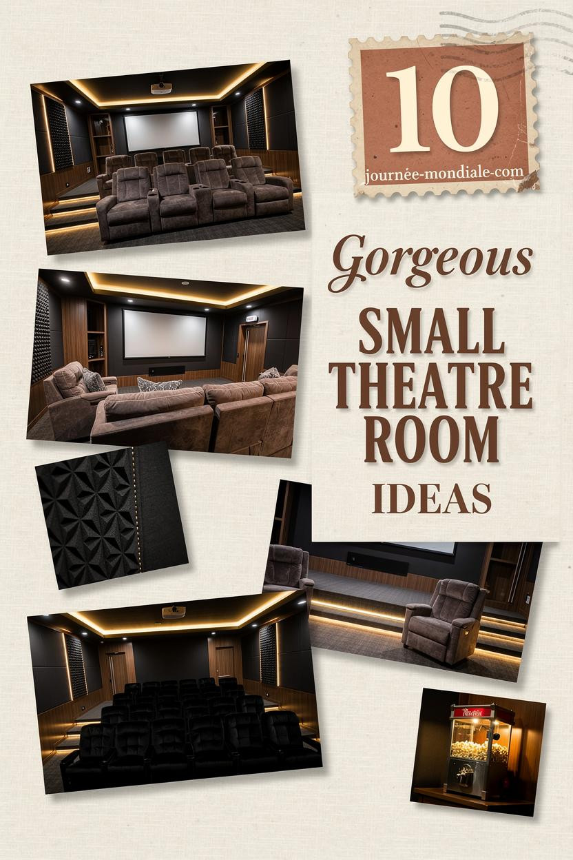 Asymmetric collage of high-resolution photos showcasing small theatre rooms with plush recliners, sectional sofas, tiered seating, velvet textures, soundproofing panels, LED lighting, and popcorn machines on cream linen background with layered shadows, vintage terracotta stamp badge, and warm wood tones for cinematic ambiance.