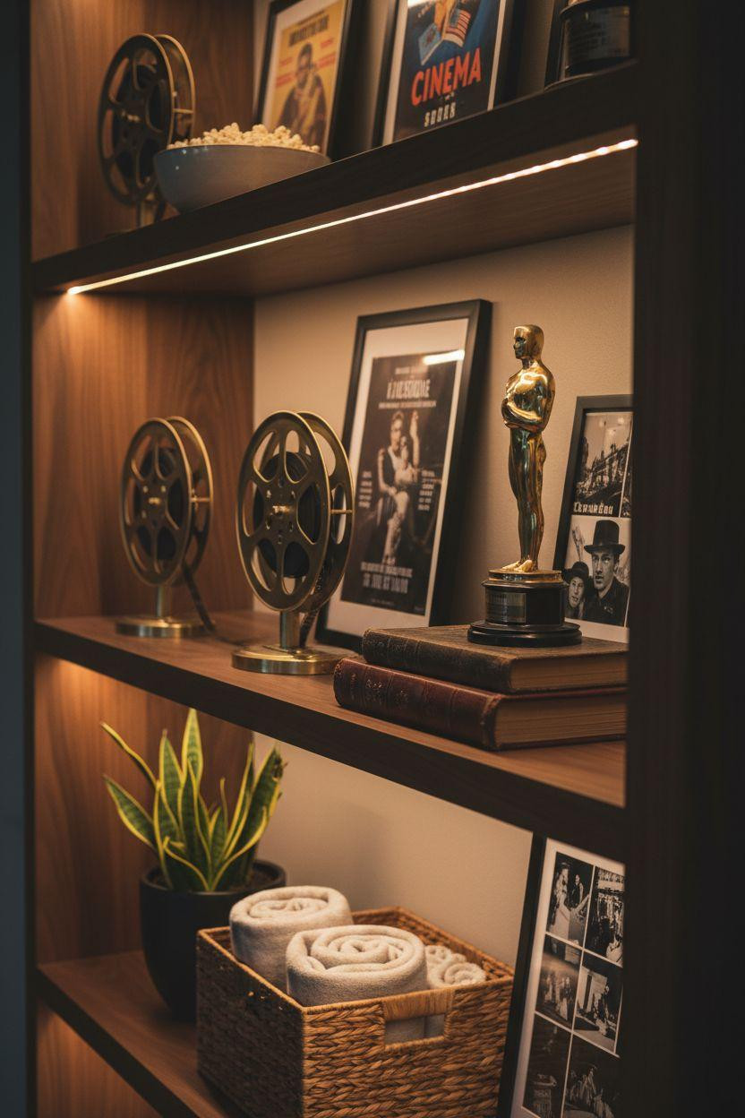 Small theatre room ideas featuring styled open shelving display