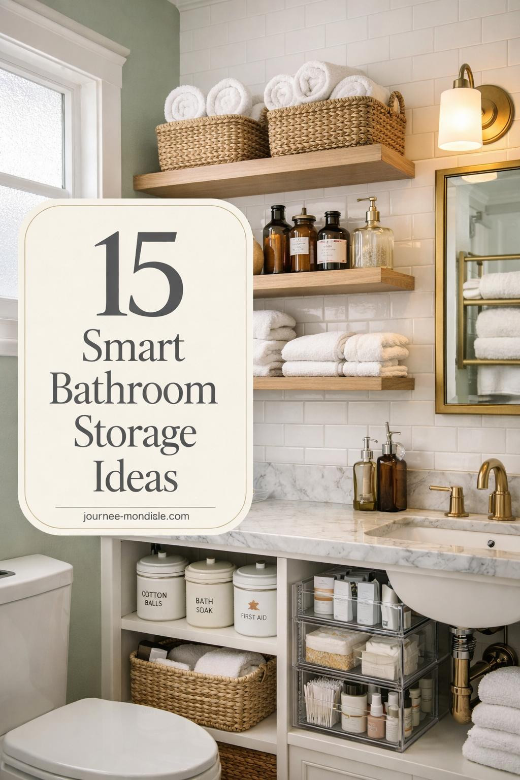 Elegant small bathroom with white subway tile walls, honed Carrara marble countertop, custom white oak floating shelves displaying rolled Turkish towels in seagrass baskets, amber apothecary jars, and brass ladder rack for linens. Recessed medicine cabinet, under-sink acrylic organizers, and pale sage accent wall bathed in morning light.