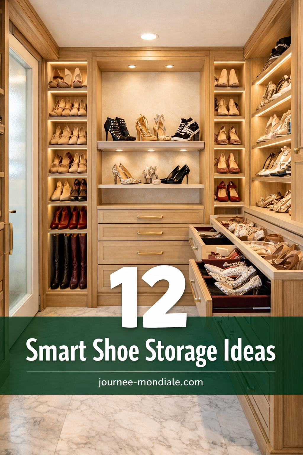 Impeccably organized walk-in closet with floor-to-ceiling white oak built-ins displaying designer footwear on angled acrylic shelves with LED lighting. Shoes arranged by color gradient from nude to burgundy, pull-out drawers for delicate items, marble flooring, and natural light through frosted door, overlaid with '12 Smart Shoe Storage Ideas'.