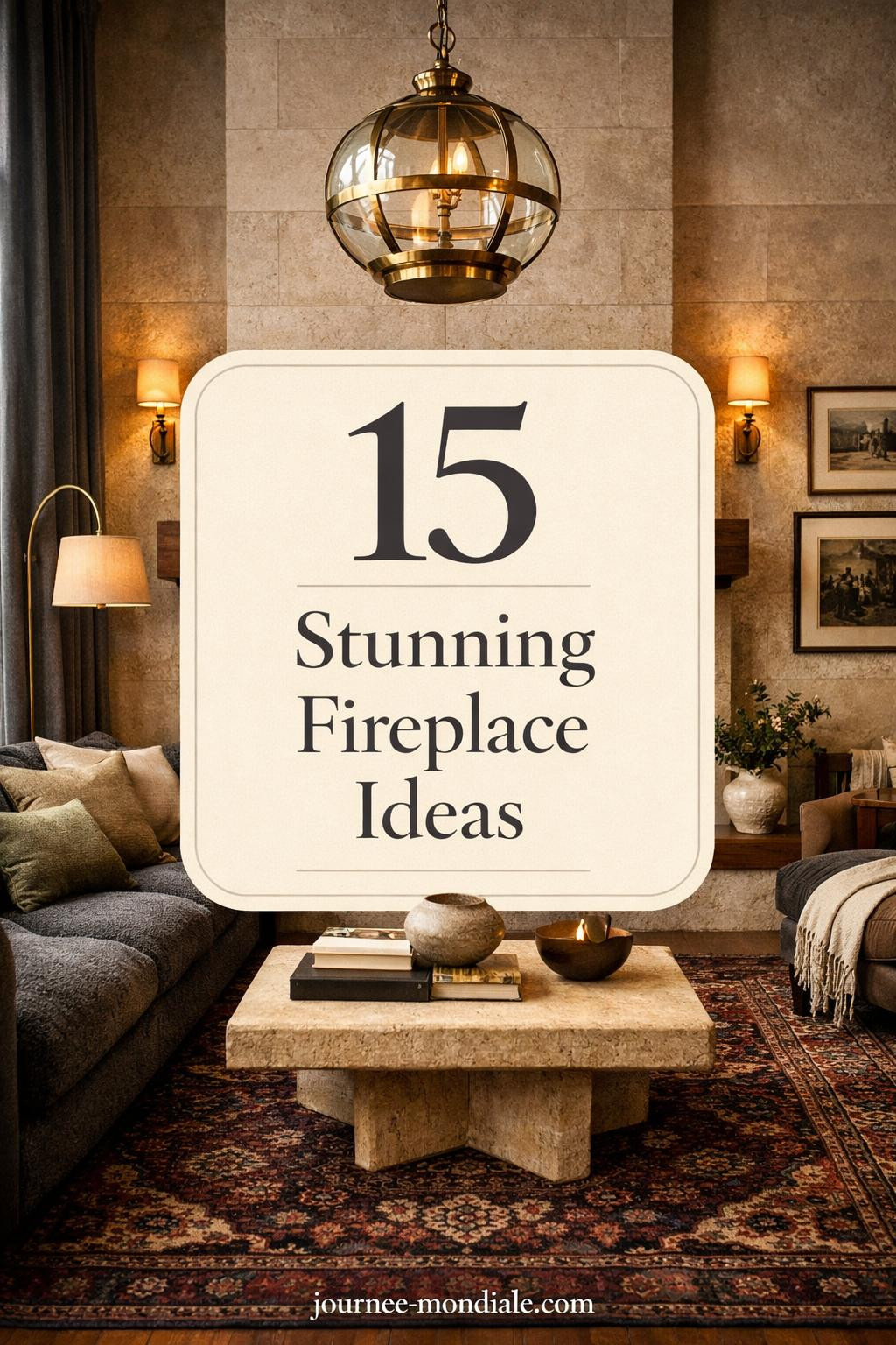 Elegant living room centered on a grand floor-to-ceiling fireplace with honed limestone surround and floating walnut mantel. Features plush charcoal boucle sectional, hand-knotted Persian rug, sculptural travertine coffee table, brass lighting, and gallery wall for refined ambiance.