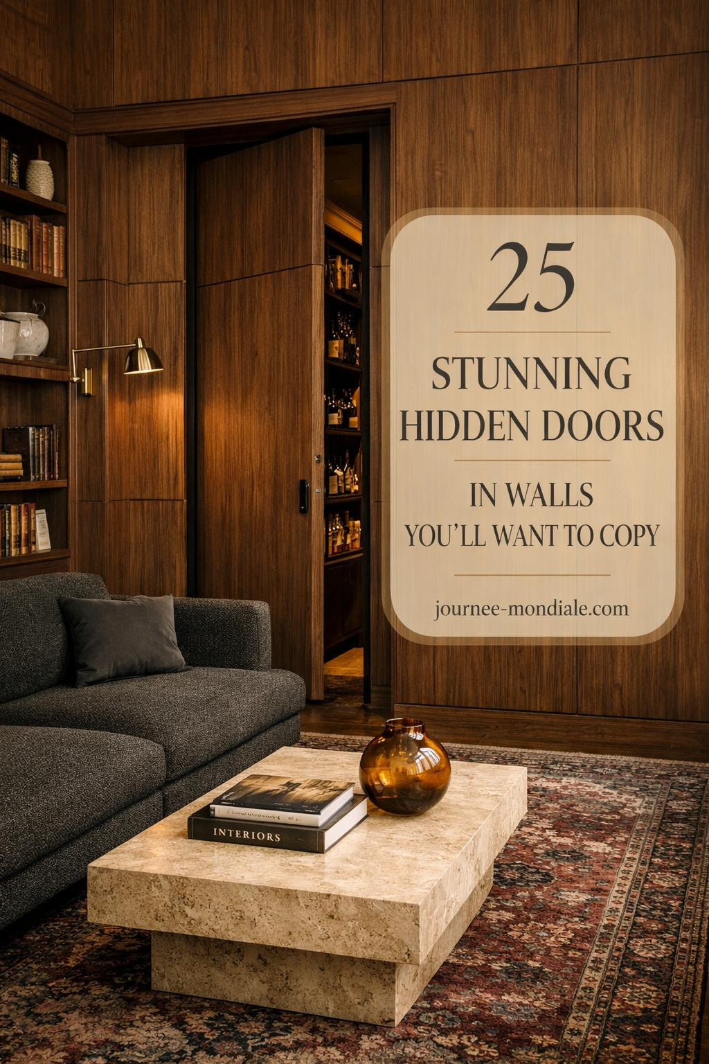 Elegant living room interior showcasing a concealed floor-to-ceiling bookshelf door in walnut wood, slightly open to reveal a moody study. Features charcoal boucle sectional, travertine coffee table with books and glass vessel, vintage Persian rug, built-in shelving with leather books and ceramics, brass sconce, and soft afternoon light highlighting details.