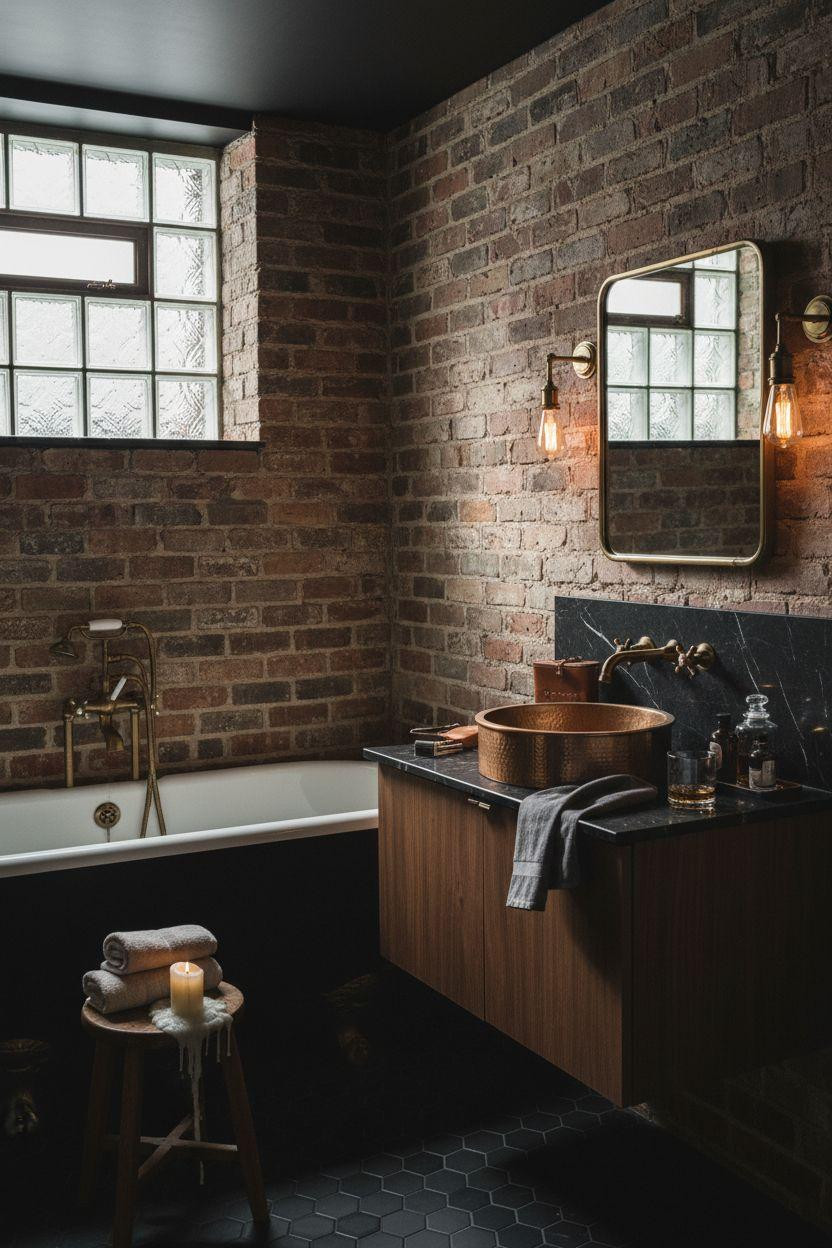 Speakeasy bathroom with black clawfoot tub and brass fixtures