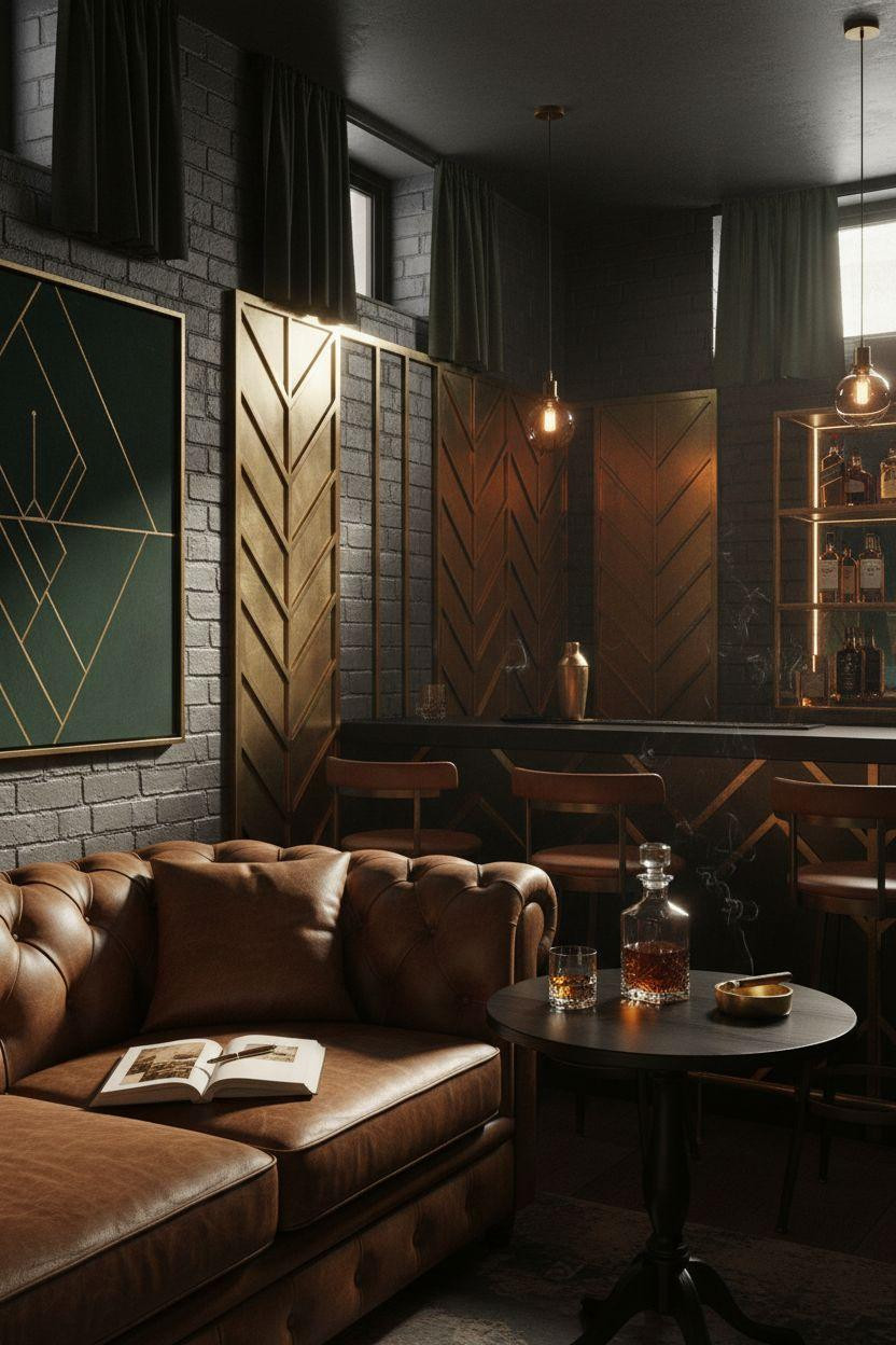 Speakeasy lounge with geometric brass wall panels