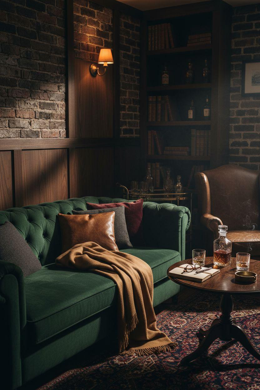 Speakeasy room with emerald velvet sofa and brass accents