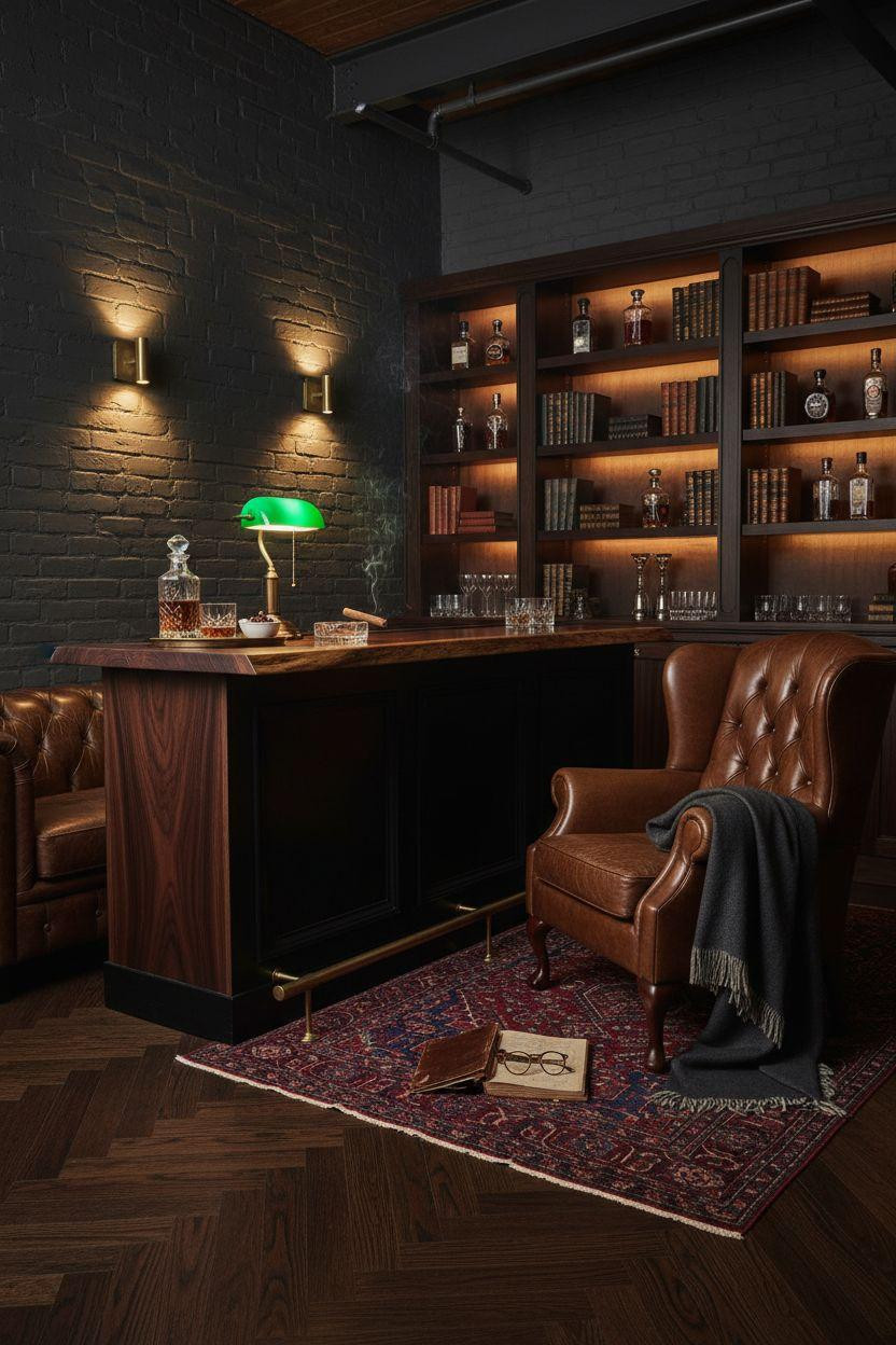 Speakeasy lounge with cognac leather and emerald accents