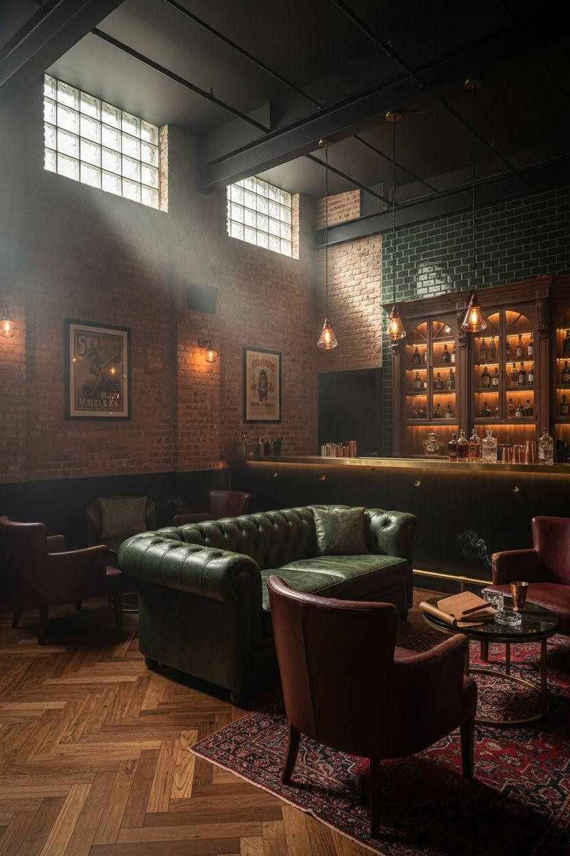 Modern speakeasy with emerald velvet and exposed brick