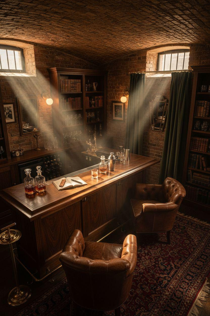 Overhead view of prohibition-era basement speakeasy