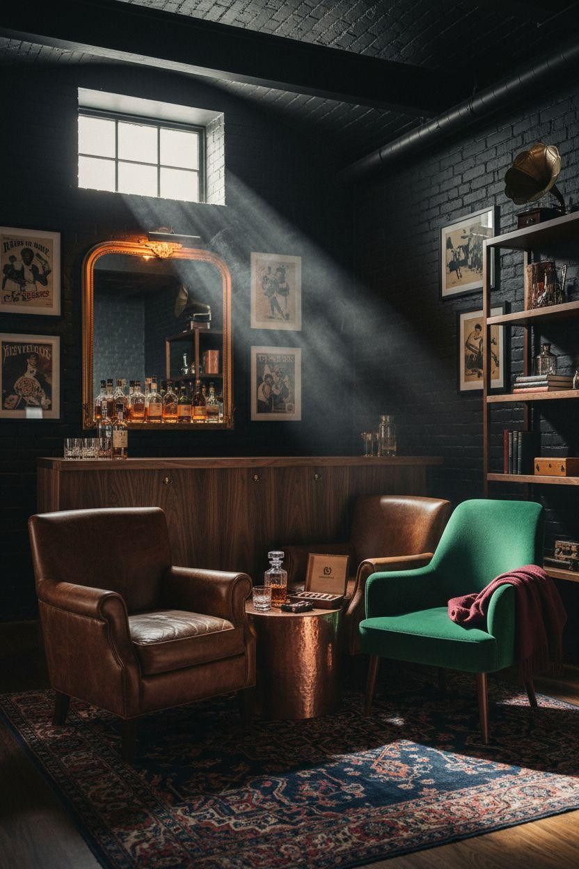 Minimalist speakeasy with emerald velvet chair and live-edge bar