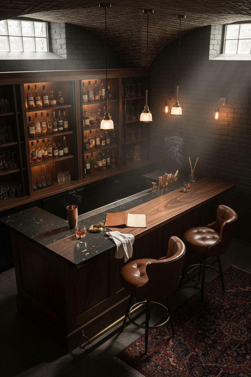 Overhead view of speakeasy bar with black granite countertop