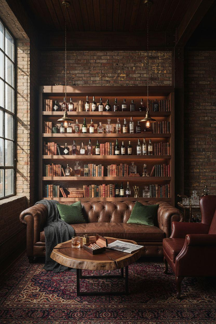 Whiskey lounge with floor-to-ceiling walnut shelving