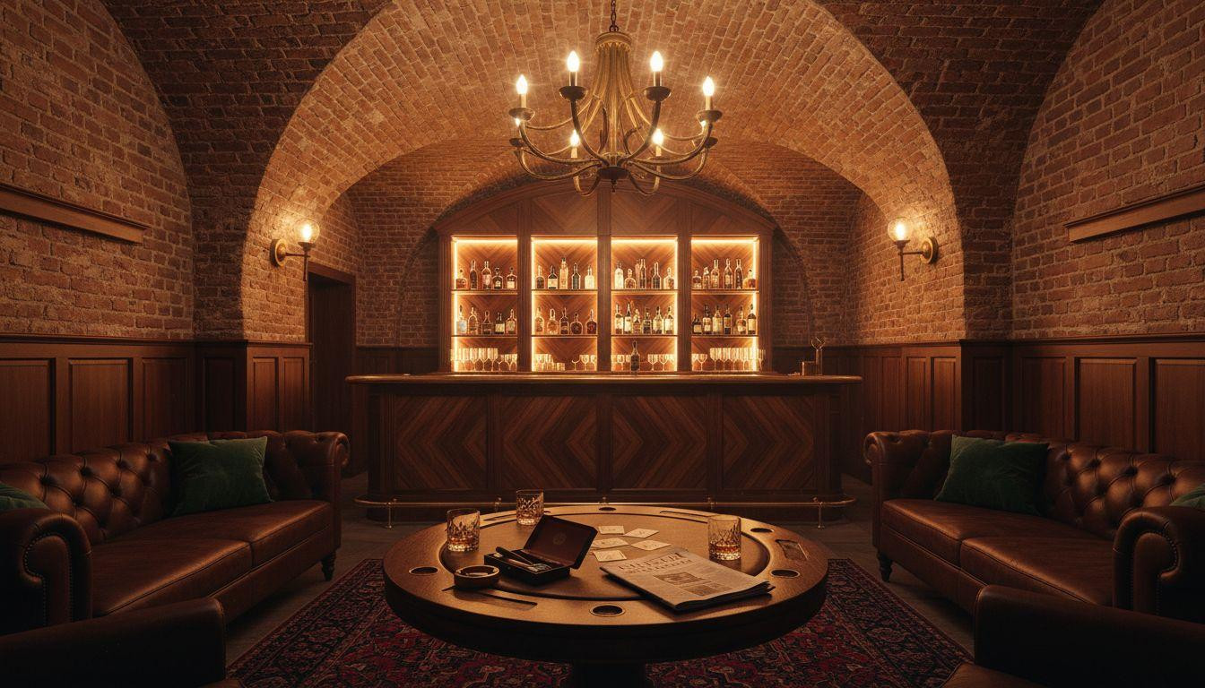 Speakeasy basement with vaulted ceilings and mahogany bar