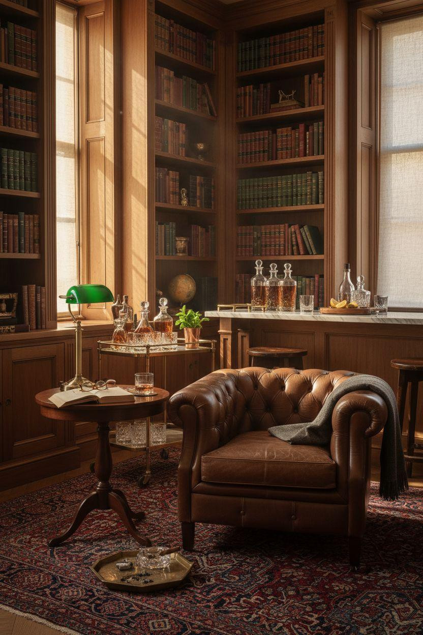 Speakeasy library bar with walnut shelves and leather chair