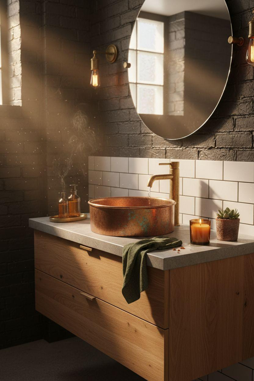 Speakeasy bathroom with copper vessel sink and white oak vanity