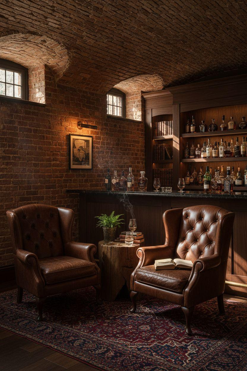 Whiskey lounge with walnut bar and leather tasting journals