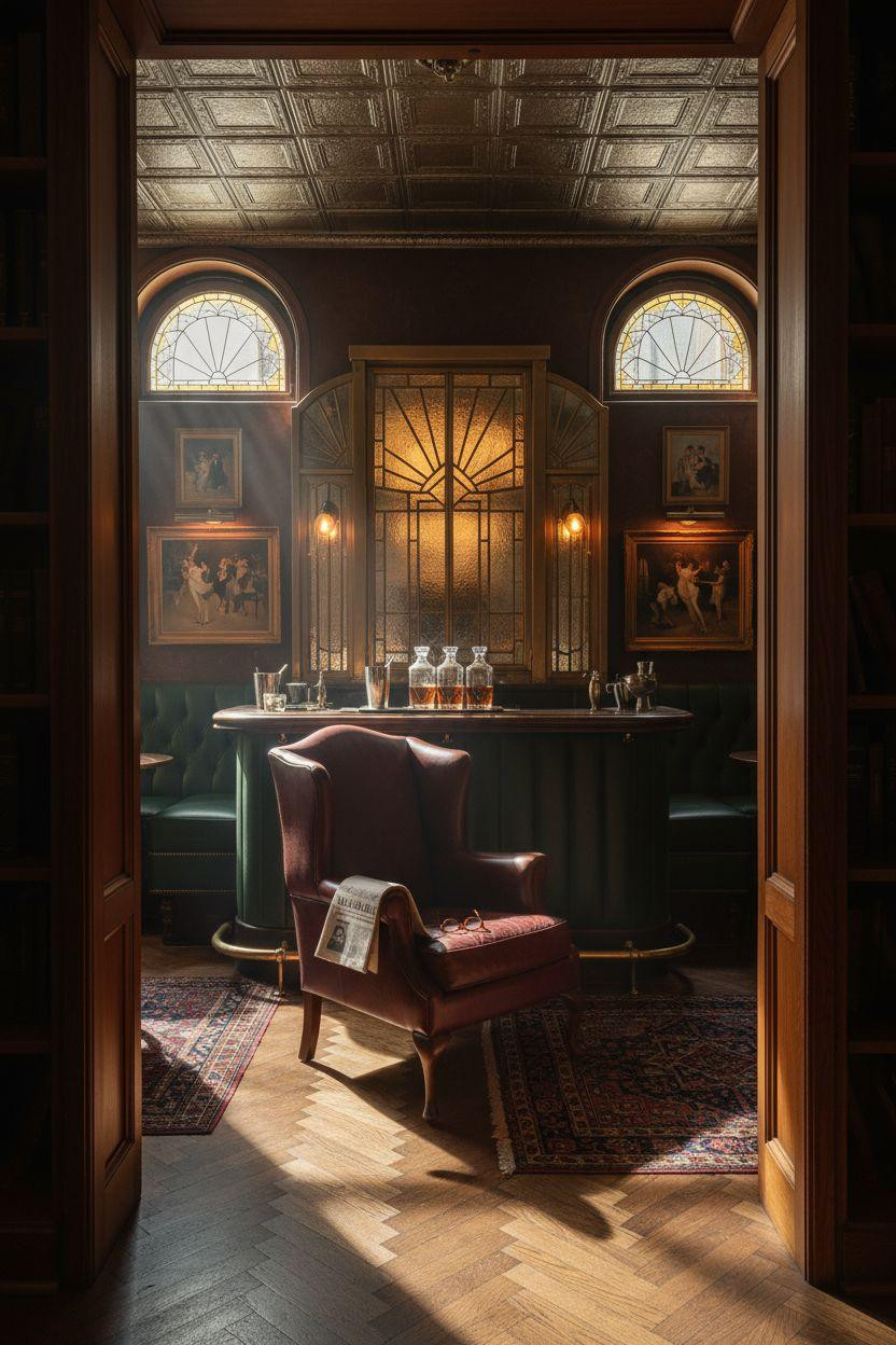 Speakeasy entrance through mahogany bookshelf door