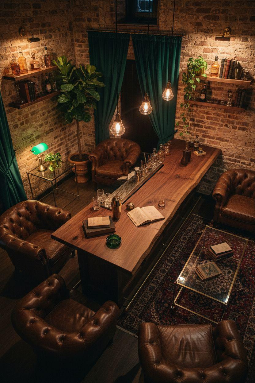 Basement speakeasy with emerald curtains and potted plants