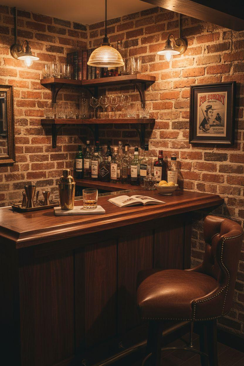Intimate speakeasy bar corner with Edison bulb sconces