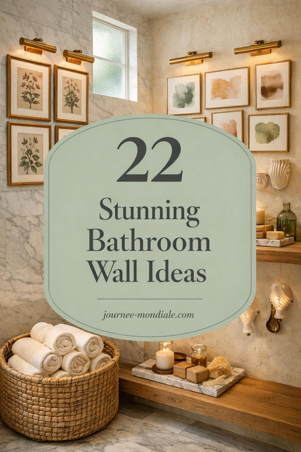 Elegant spa-inspired bathroom with honed Carrara marble walls, brass-framed botanical prints, abstract watercolor gallery wall in neutrals and sage green, aged brass lights, textured plaster, natural light through frosted glass, ceramic sconces, oak shelves with glass vessels and soaps, ivory towels, warm brass fixtures, and overlay text '22 Stunning Bathroom Wall Ideas'.