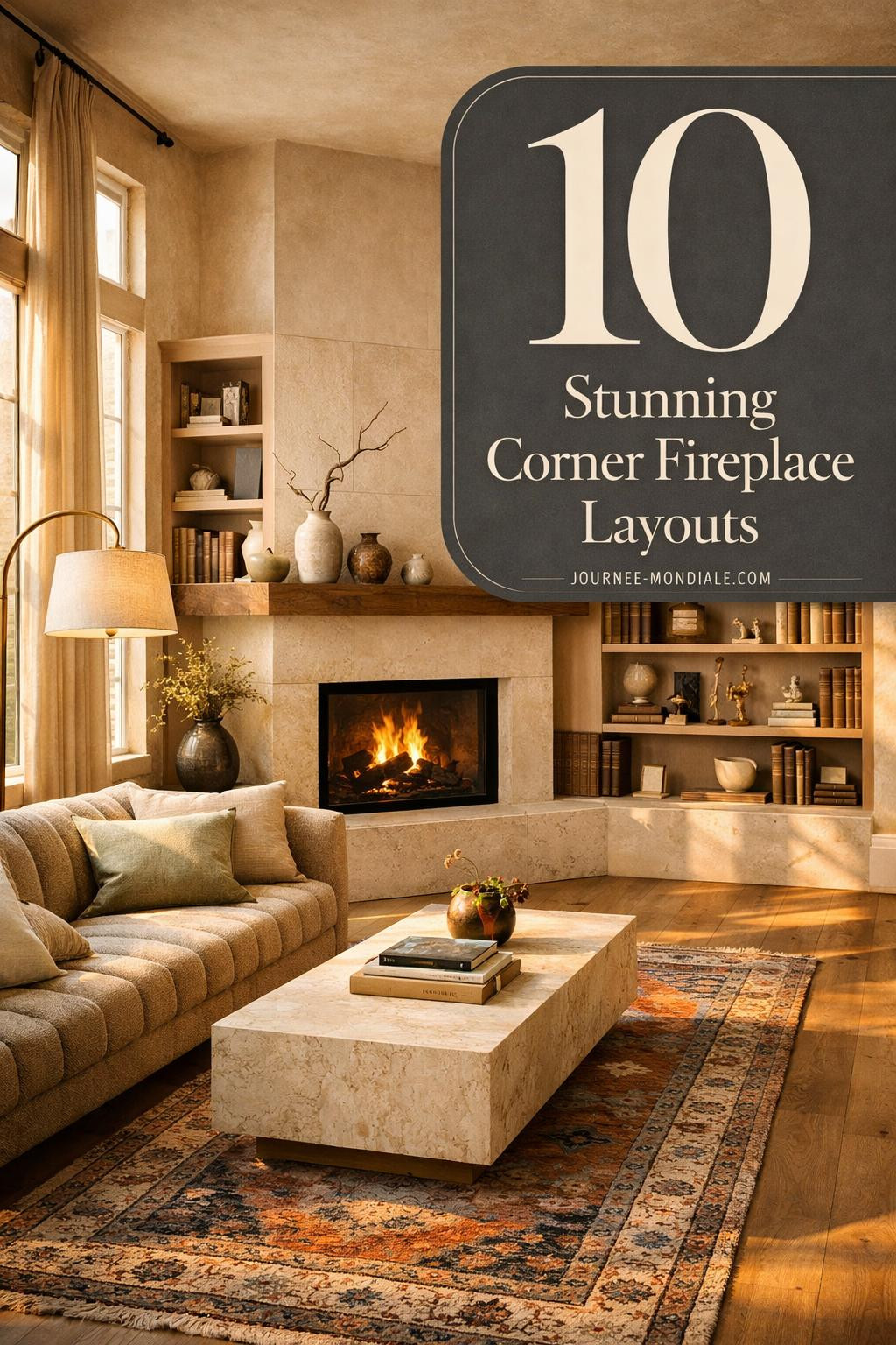 Sophisticated living room centered on a honed limestone corner fireplace with floating walnut mantel, flanked by white oak shelving displaying books and sculptures. Channel-tufted boucle sofa in warm sand, travertine table on Persian runner, brass lamp, warm plaster walls, golden hour light through windows on oak floors, overlay text '10 Stunning Corner Fireplace Layouts'.