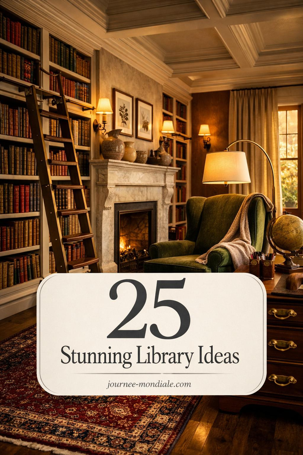 Elegant home library with floor-to-ceiling white oak built-in shelving stocked with colorful leather-bound books, forest green velvet wingback chair beside brass floor lamp, Persian runner, rolling brass ladder, marble mantel with botanicals, walnut desk, warm layered lighting, and cream overlay text '25 Stunning Library Ideas' integrated subtly.