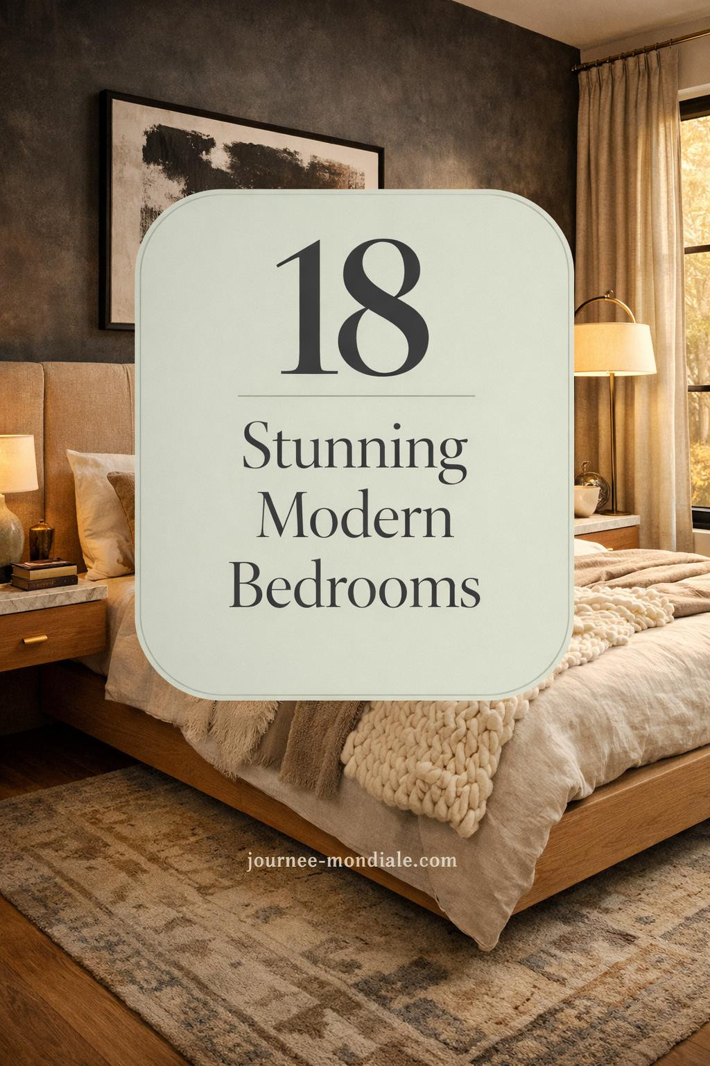 Sophisticated modern master bedroom featuring upholstered linen headboard against charcoal wall, white oak platform bed with ivory bedding, brass lamp, marble nightstand styling, abstract art, gray drapery, and wool rug in golden hour light.