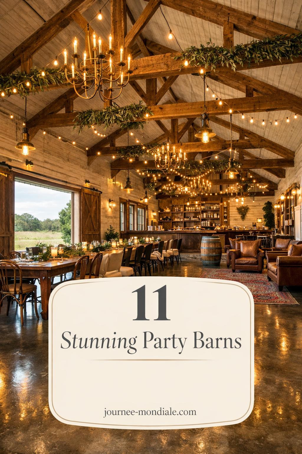 Expansive rustic party barn featuring soaring vaulted ceilings with reclaimed white oak beams, polished concrete floors, long walnut dining tables, mixed seating, open barn doors revealing pastoral views, whitewashed shiplap walls, brass chandeliers, eucalyptus garlands, live-edge bar, leather lounge area, and soft string lighting for a refined agricultural aesthetic.