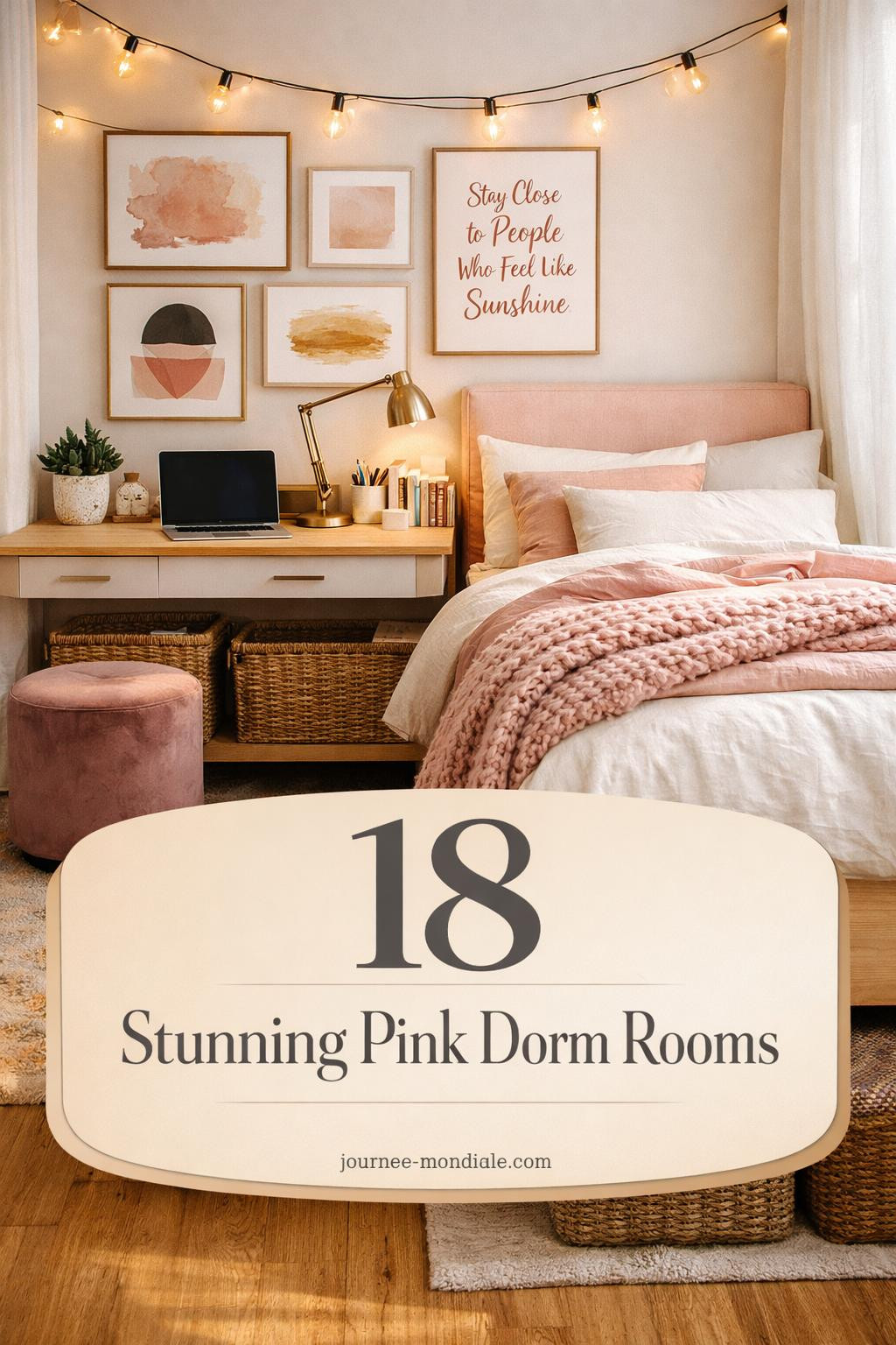 Bright college dorm room in sophisticated blush pink tones with white oak twin bed, upholstered linen headboard, layered ivory and rose quartz bedding, floating desk with brass hardware, gallery wall of abstract art prints, woven jute baskets, mauve velvet ottoman, warm string lights, and natural morning light through sheer curtains.