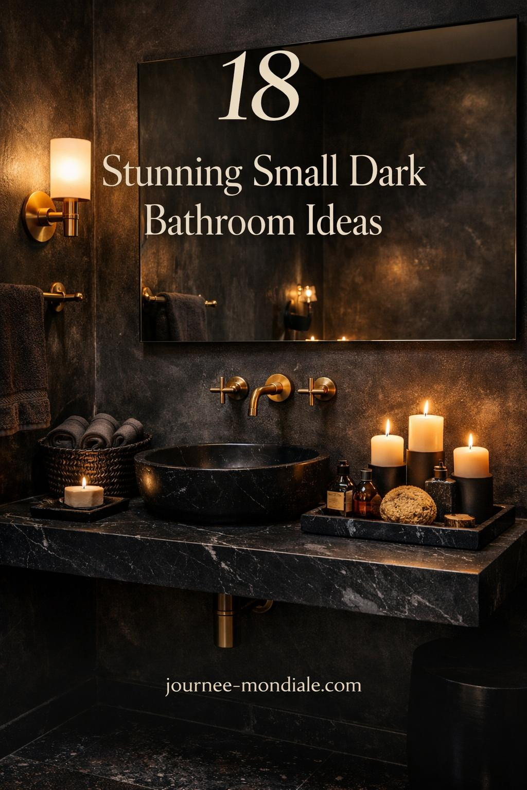 Moody intimate small bathroom with deep charcoal plaster walls, honed black marble floating vanity, unlacquered brass fixtures, frameless mirror, layered lighting from brass sconce and pillar candles, styling details like linen towels, artisan soap, and amber glass toiletries on dark terrazzo floor, evoking spa-like elevated aesthetic.