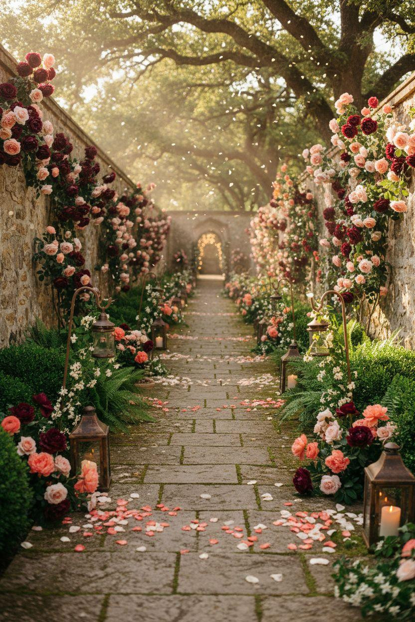 Wedding Walkway - colorful coral peonies and burgundy roses