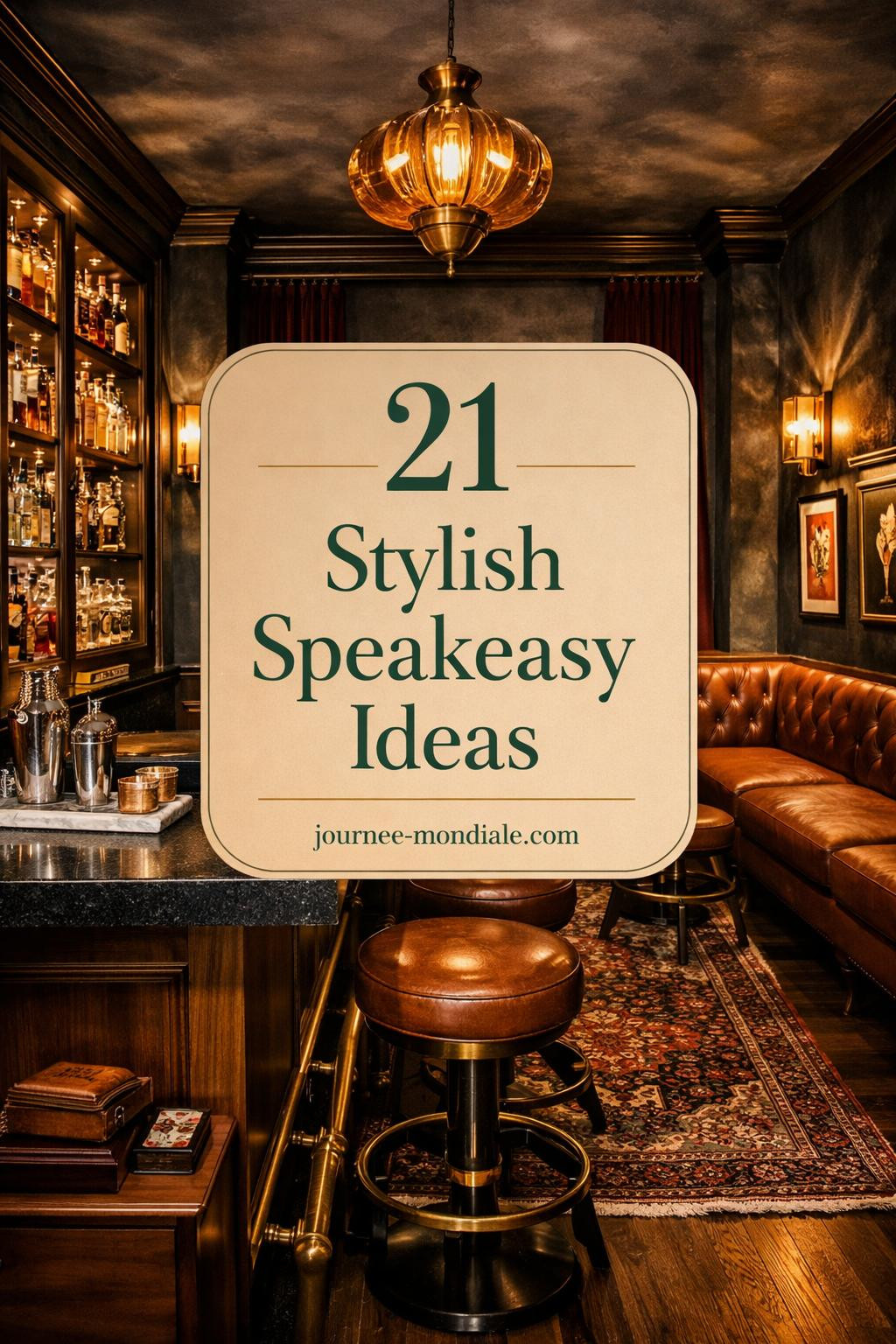 Sophisticated speakeasy-inspired private bar with charcoal plaster walls, brass sconces casting warm shadows, walnut bar and black granite counter, leather stools, floor-to-ceiling liquor cabinet, art deco shelving, burgundy velvet curtains, cognac leather banquette, and brass pendant light. Overlay reads 21 Stylish Speakeasy Ideas.