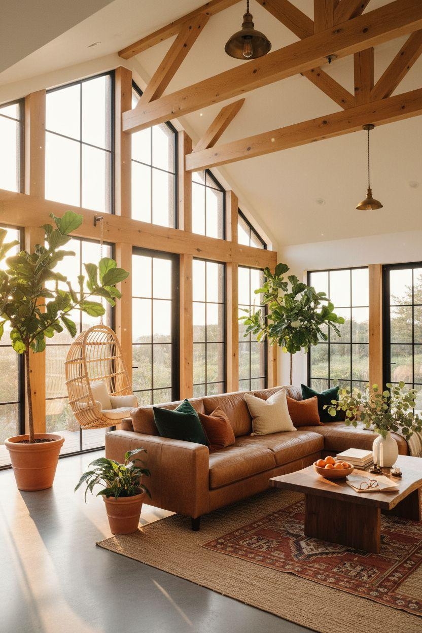 Enclosed sunroom ideas with leather sofa and bold colors