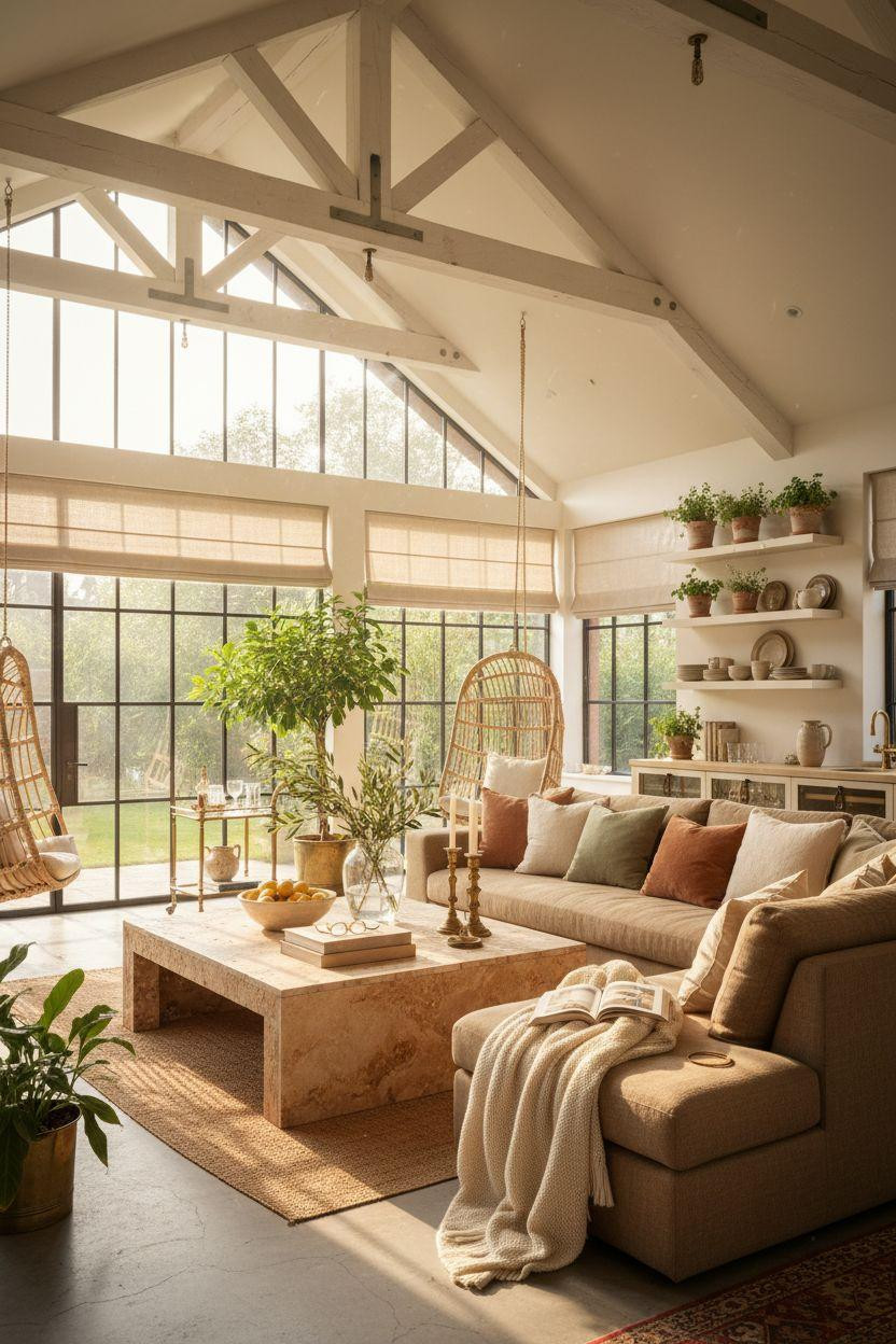 Sunroom ideas featuring floor to ceiling windows and natural oak beams