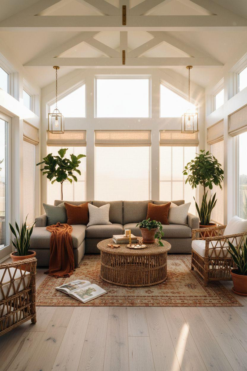 Sunroom ideas with walls of windows and natural materials