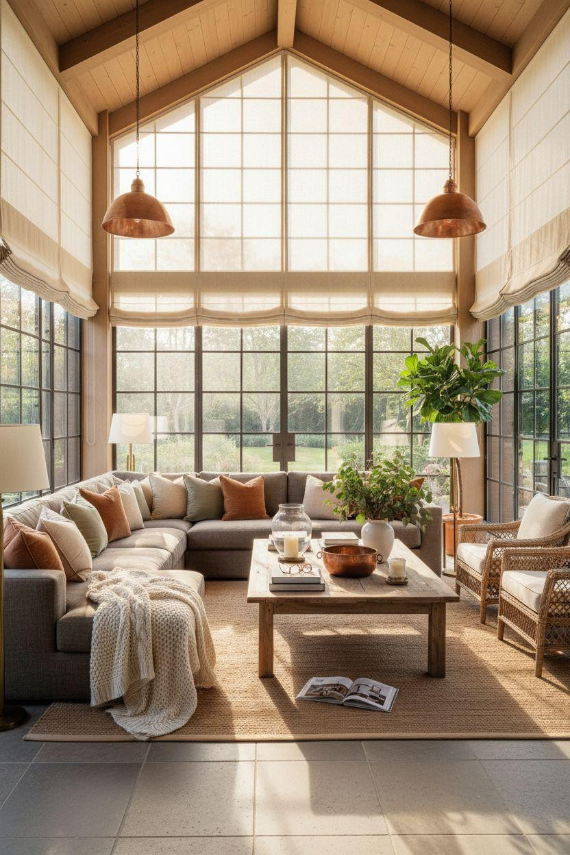 Sunroom ideas with copper lighting and limestone floors