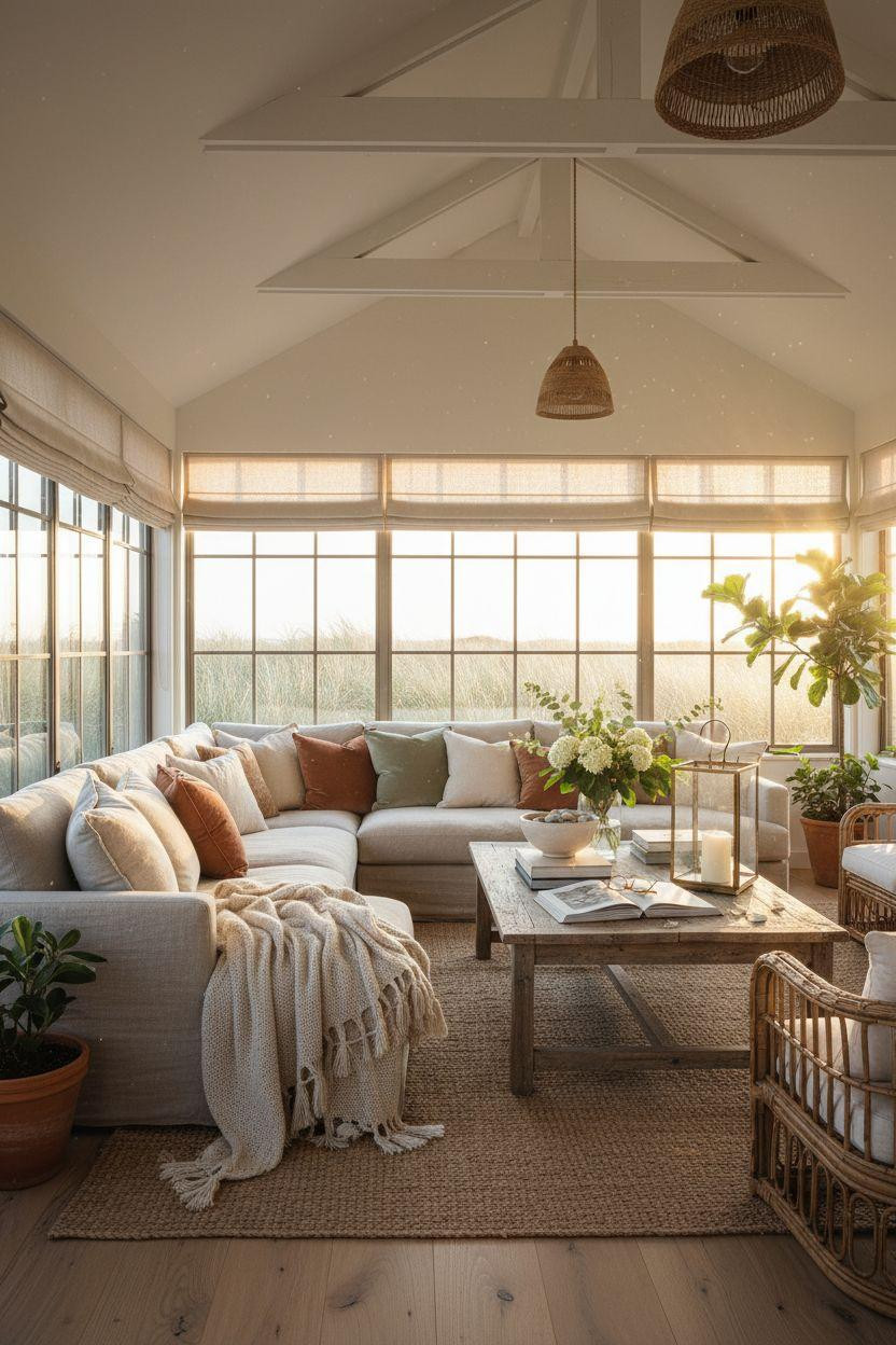 Sunroom ideas showing coastal style with abundant plants