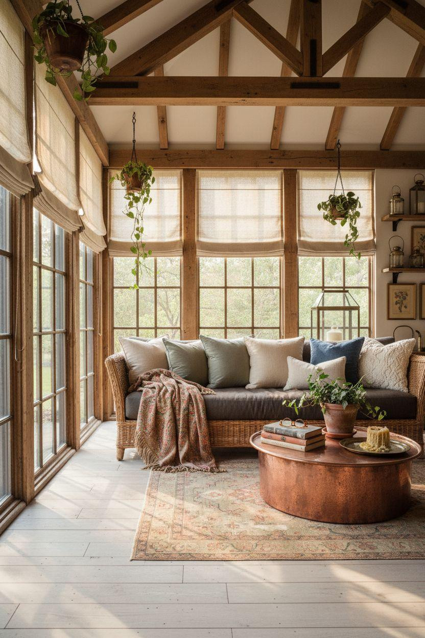 Sunroom ideas with vintage rattan furniture and botanical prints