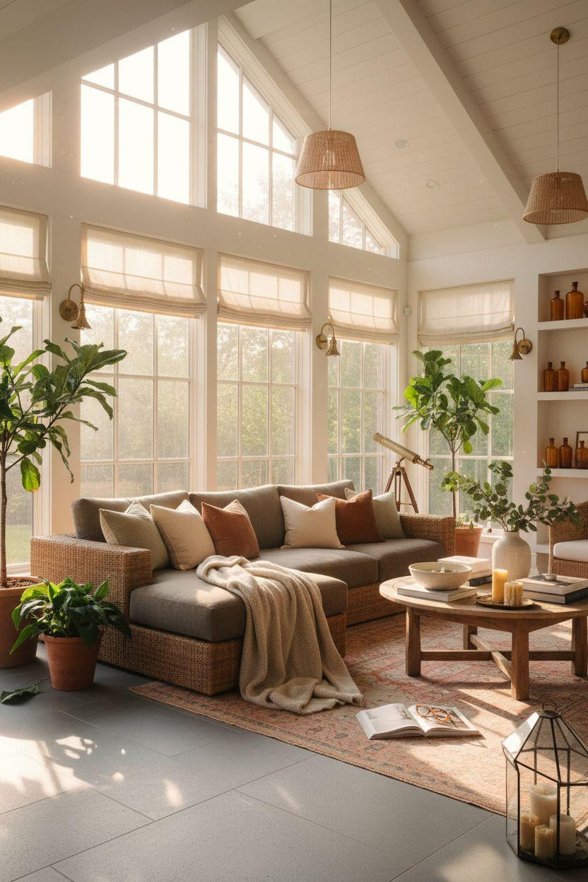 Sunroom ideas with neutral palette and abundant plants