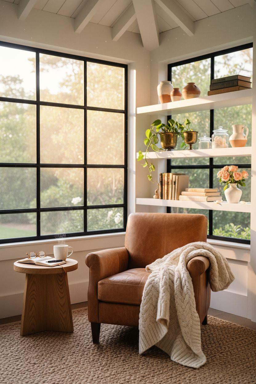 Cozy screened in porch with reading chair and shelves
