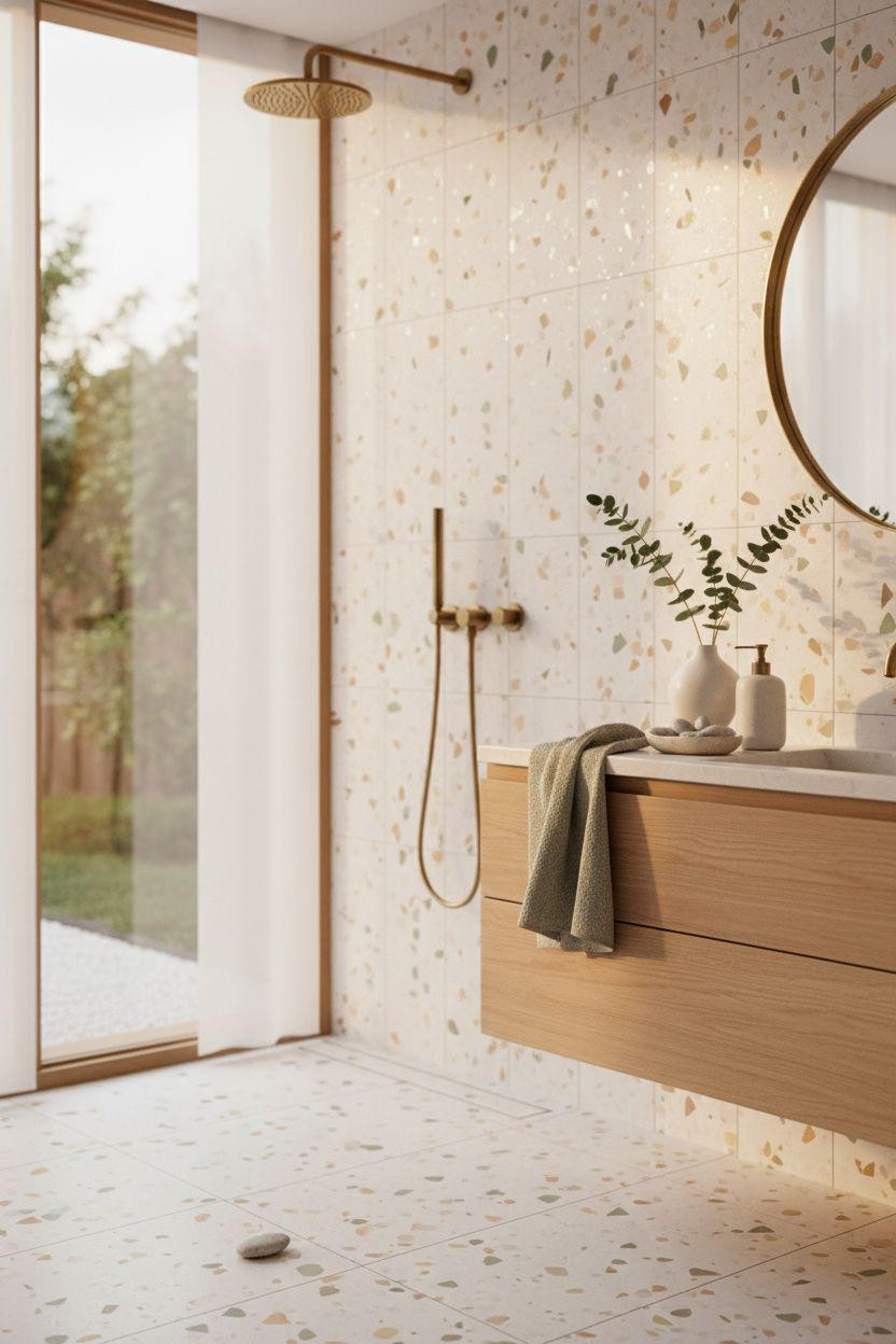 terrazzo bathroom with close-up tile texture and Japandi detail