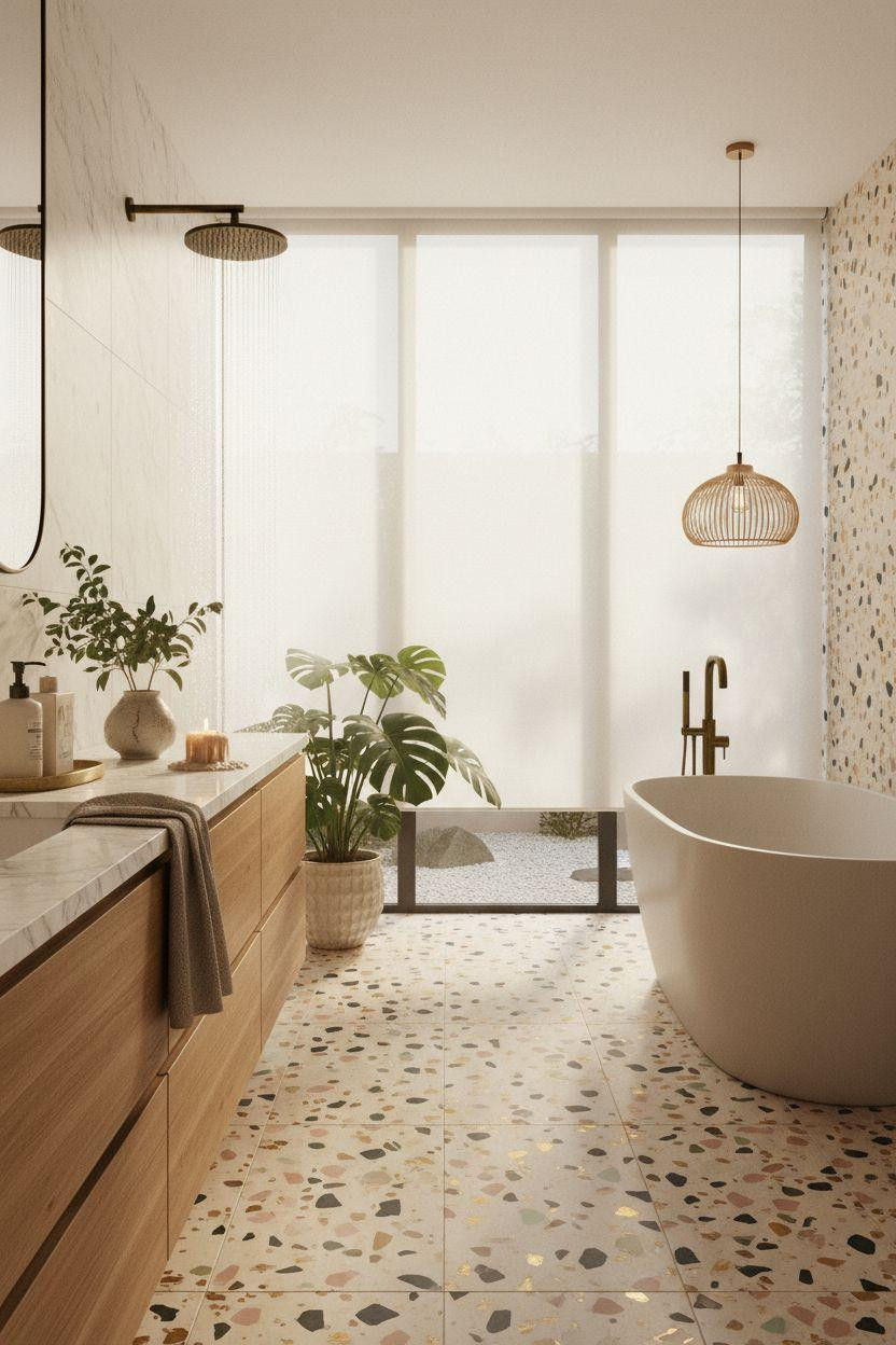 terrazzo bathroom with sage and honey aggregate mix